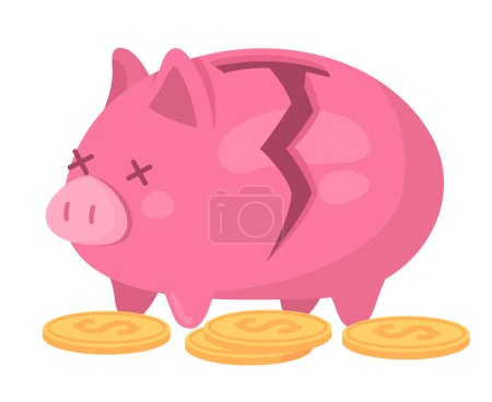 Illustration for Broken piggy bank with coins semi flat color vector object. Editable element. Items on white. Lost savings. Financial trouble simple cartoon style illustration for web graphic design and animation - Royalty Free Image