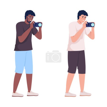 Téléchargez les illustrations : Making sightseeing pictures semi flat color vector character set. Editable figure. Full body person on white. Guy with camera simple cartoon style illustration for web graphic design and animation - en licence libre de droit