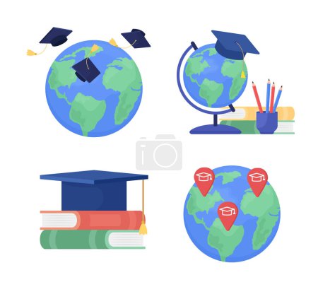 Illustration for Study abroad destinations semi flat color vector objects set. Editable elements. Items on white. International education simple cartoon style illustration for web graphic design and animation - Royalty Free Image