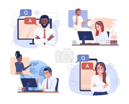 Illustration for Client service professionals 2D vector isolated illustration set. Flat characters on cartoon background. Colorful editable scene pack for mobile, website, presentation. Sniglet Regular font used - Royalty Free Image