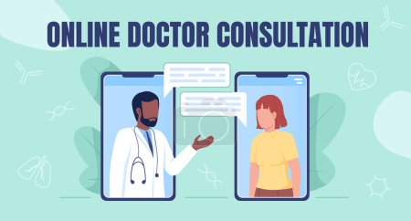 Illustration for Online doctor consultation flat vector banner template. Telecommunication with therapist poster, leaflet printable color designs. Editable flyer page with text space. Anton Regular font used - Royalty Free Image