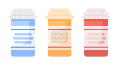 Ilustración de Bottles with drugs semi flat color vector objects set. Editable items. Full size element on white. Liquid medicines. Pills simple cartoon style illustrations for web graphic design and animation pack - Imagen libre de derechos
