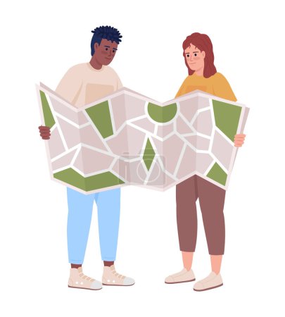 Ilustración de Couple route consulting semi flat color vector characters. Editable figure. Full body people on white. Joint adventure simple cartoon style illustration for web graphic design and animation - Imagen libre de derechos