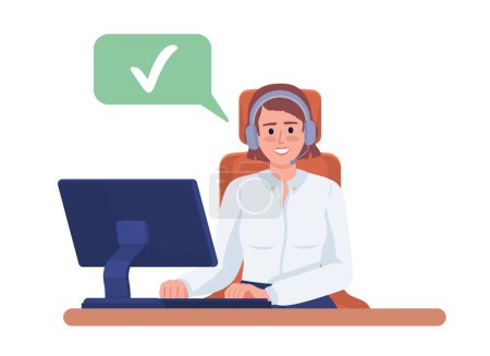 Illustration for Smiling female call center assistant semi flat color vector character. Editable figure with checkmark. Full body person on white. Simple cartoon style illustration for web graphic design and animation - Royalty Free Image