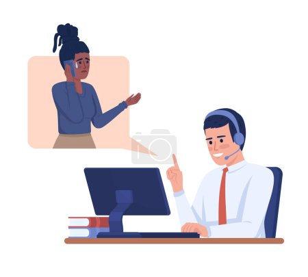 Consultant answering call from customer semi flat color vector characters. Editable figures. Full body people on white. Simple cartoon style illustration for web graphic design and animation