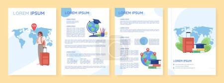 Illustration for Move to study abroad flat vector brochure template. Foreign university booklet, leaflet printable flat color designs. Editable magazine page, reports kit with text space. Quicksand font used - Royalty Free Image