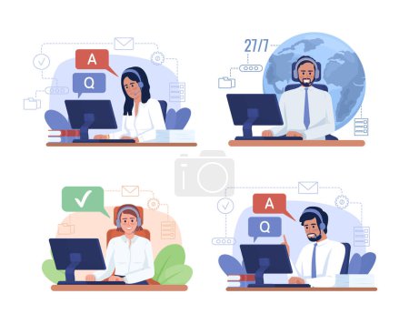 Illustration for Customer service representative duties 2D vector isolated illustration set. Flat characters on cartoon background. Colorful editable scene pack for mobile, website. Sniglet, Oswald Regular fonts used - Royalty Free Image