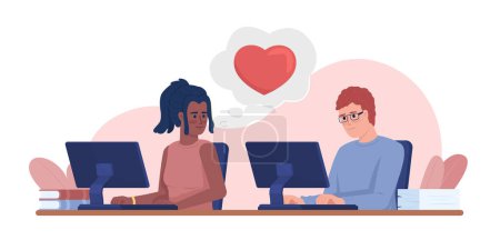 Téléchargez les illustrations : Office romance 2D vector isolated illustration. Young female employee falling in love with colleague flat characters on cartoon background. Colorful editable scene for mobile, website, presentation - en licence libre de droit