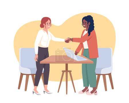 Téléchargez les illustrations : Successful employment interview 2D vector isolated illustration. Job applicant and employer handshake flat characters on cartoon background. Colorful editable scene for mobile, website, presentation - en licence libre de droit