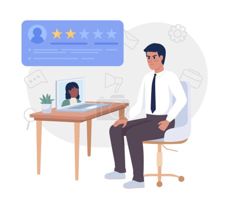 Téléchargez les illustrations : Virtual job interview 2D vector isolated illustration. HR manager disappointed with candidate flat characters on cartoon background. Colorful editable scene for mobile, website, presentation - en licence libre de droit