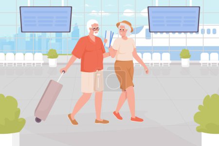 Illustration for Tropical destination for seniors flat color vector illustration. Older couple going on vacation trip abroad. Fully editable 2D simple cartoon characters with airport terminal on background - Royalty Free Image
