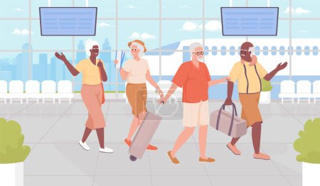 Ilustración de Travel destination for retirees flat color vector illustration. Happy senior travelers journeying together. Fully editable 2D simple cartoon characters with airport terminal on background - Imagen libre de derechos