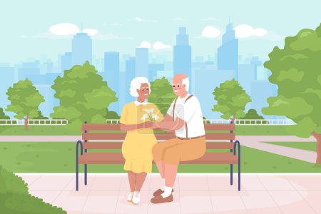 Illustration for Older couple on romantic date flat color vector illustration. Senior man giving bouquet to elderly woman. Spending time together. Fully editable 2D simple cartoon characters with park on background - Royalty Free Image
