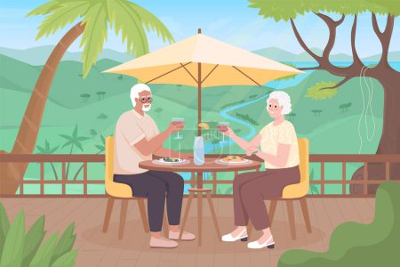 Téléchargez les illustrations : Older couple on tropical resort flat color vector illustration. Elderly woman and man drinking wine, eating. Fully editable 2D simple cartoon characters with tropical landscape on background - en licence libre de droit
