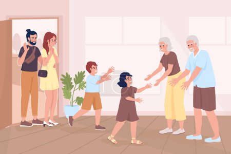 Illustration for Family meeting flat color vector illustration. Bonding with grandkids. Visiting grandparents house for summer. Fully editable 2D simple cartoon characters with cozy house interior on background - Royalty Free Image