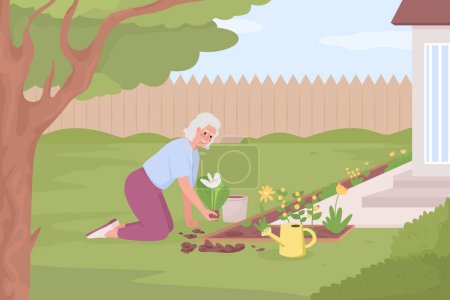 Téléchargez les illustrations : Gardening hobby for senior flat color vector illustration. Elderly woman planting flower beds in garden. Fully editable 2D simple cartoon character with green landscape and home fence on background - en licence libre de droit