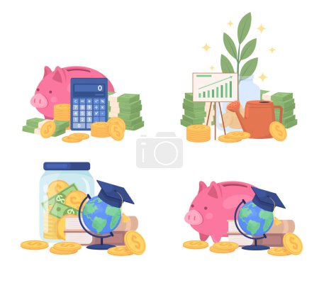 Illustration for Financial savings semi flat color vector objects set. Editable elements. Full sized items on white. Personal wealth simple cartoon style illustration pack for web graphic design and animation - Royalty Free Image