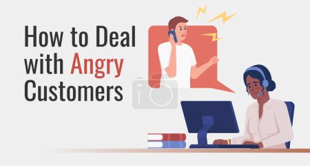 Dealing with angry customers flat vector banner template. Handle difficult clients in call center poster, leaflet printable color designs. Editable flyer page with text space. Oswald Regular font used