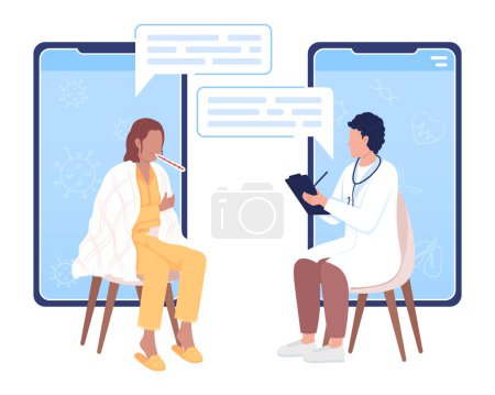 Illustration for Visit doctor online flat concept vector illustration. Woman with fever. Cold illness. Editable 2D cartoon characters on white for web design. Creative idea for website, mobile, presentation - Royalty Free Image