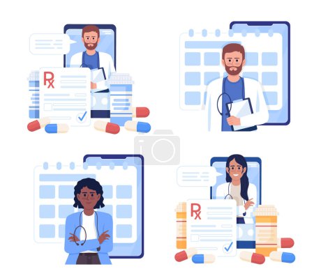 Illustration for Doctor in tablet flat concept vector illustration set. Online medical service. Editable 2D cartoon characters on white for web design. Telehealth creative ideas for website, mobile, presentation - Royalty Free Image