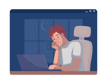 Illustration for Freelance burnout 2D vector isolated illustration. Overworked male freelancer working at night flat character on cartoon background. Colorful editable scene for mobile, website, presentation - Royalty Free Image