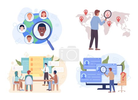 Illustration for Online international recruitment flat concept vector illustration pack. Editable 2D cartoon characters on white for web design. HR managers creative idea collection for website, mobile, presentation - Royalty Free Image