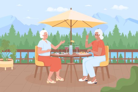 Téléchargez les illustrations : Elderly women spending time on mountain resort flat color vector illustration. Senior friends having dinner. Fully editable 2D simple cartoon characters with mountains and spruce forests on background - en licence libre de droit