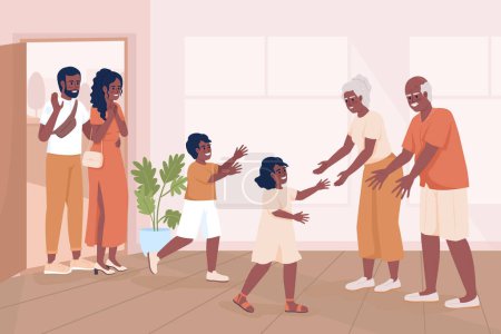 Illustration for Multigenerational family meeting flat color vector illustration. Siblings visiting grandparents for weekend. Fully editable 2D simple cartoon characters with cozy home interior on background - Royalty Free Image