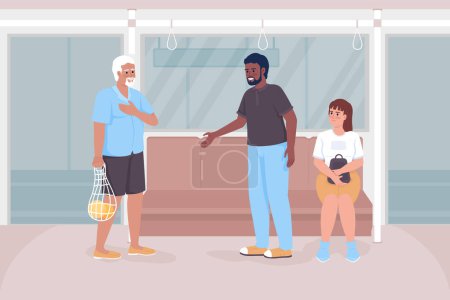 Ilustración de Good manners on public transport flat color vector illustration. Man giving up seat to elderly male citizen. Fully editable 2D simple cartoon characters with train, bus interior on background - Imagen libre de derechos