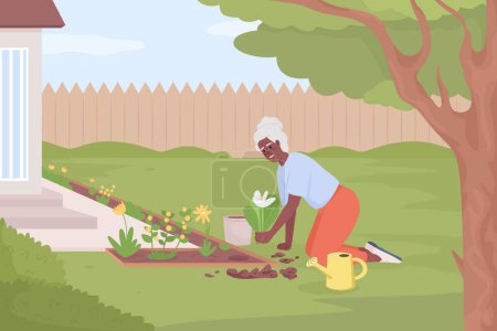 Illustration for Enjoy gardening activity flat color vector illustration. Senior woman planting flowers in front yard. Fully editable 2D simple cartoon character with green landscape and home fence on background - Royalty Free Image