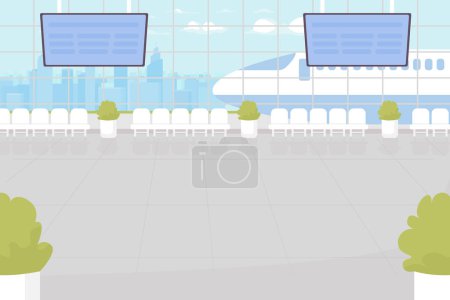 Ilustración de Airport terminal flat color vector illustration. Waiting area for passengers. Departure lounge. Vacation trip. Fully editable 2D simple cartoon interior with large windows and airliner on background - Imagen libre de derechos