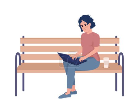 Illustration for Female freelancer working remotely on bench semi flat color vector character. Editable figure. Full body person on white. Simple cartoon style illustration for web graphic design and animation - Royalty Free Image