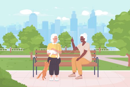 Illustration for Friendship in late adulthood flat color vector illustration. Older women talking and playing with cats. Fully editable 2D simple cartoon characters with public green space, skyscrapers on background - Royalty Free Image
