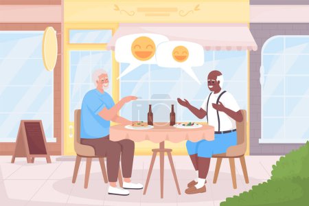 Téléchargez les illustrations : Long lasting friendship flat color vector illustration. Older friends laughing together and having lunch at cafe. Fully editable 2D simple cartoon characters with cafe exterior on background - en licence libre de droit