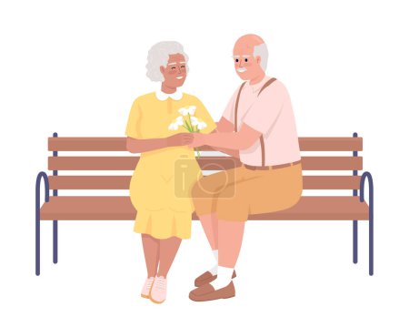 Illustration for Senior man giving bouquet to elderly woman semi flat color vector characters. Editable figures. Full body people on white. Simple cartoon style illustration for web graphic design and animation - Royalty Free Image