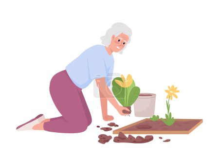 Téléchargez les illustrations : Elderly woman planting flower beds in garden semi flat color vector character. Editable figure. Full body person on white. Simple cartoon style illustration for web graphic design and animation - en licence libre de droit