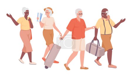 Téléchargez les illustrations : Senior travelers journeying together semi flat color vector characters. Editable figures. Full body people on white. Simple cartoon style illustration for web graphic design and animation - en licence libre de droit