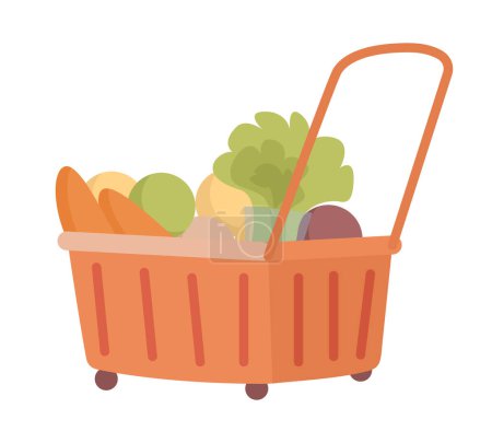 Téléchargez les illustrations : Basket cart with vegetables semi flat color vector object. Shopping trolley. Editable item. Full sized element on white. Simple cartoon style illustration for web graphic design and animation - en licence libre de droit