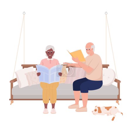 Téléchargez les illustrations : Elderly couple sitting on swing and relaxing semi flat color vector characters. Editable figures. Full body people on white. Simple cartoon style illustration for web graphic design and animation - en licence libre de droit