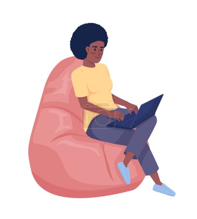 Ilustración de Woman with laptop sitting on bean bag comfortably semi flat color vector character. Editable figure. Full body person on white. Simple cartoon style illustration for web graphic design and animation - Imagen libre de derechos