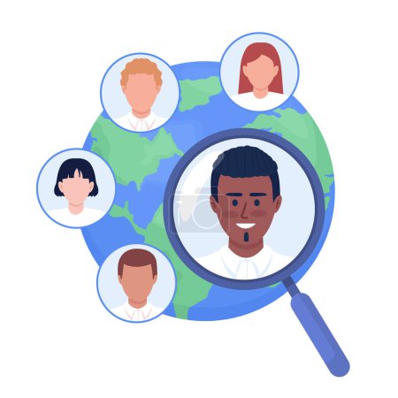 Téléchargez les illustrations : Searching employees around world semi flat color vector concept. Editable characters. Avatars with people faces on white. Simple cartoon style illustration for web graphic design and animation - en licence libre de droit