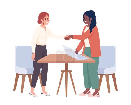 Téléchargez les illustrations : Business partners singing agreement at meeting semi flat color vector characters. Editable figures. Full body people on white. Simple cartoon style illustration for web graphic design and animation - en licence libre de droit