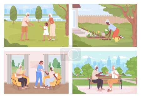Illustration for Healthy older adults lifestyle flat color vector illustration set. Healthcare center. Gardening hobby. Fully editable 2D simple cartoon characters collection with landscape on background - Royalty Free Image