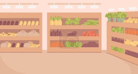 Illustration for Grocery store flat color vector illustration. Supermarket sections. Retail business. Fully editable 2D simple cartoon interior with wooden shelves with vegetables and bread on background - Royalty Free Image