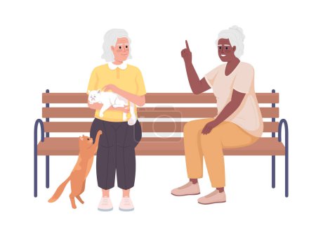Téléchargez les illustrations : Older women talking and playing with cats semi flat color vector characters. Editable figures. Full body people on white. Simple cartoon style illustration for web graphic design and animation - en licence libre de droit