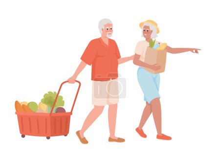 Téléchargez les illustrations : Old couple shopping together semi flat color vector characters. Grocery store. Editable figures. Full body people on white. Simple cartoon style illustration for web graphic design and animation - en licence libre de droit