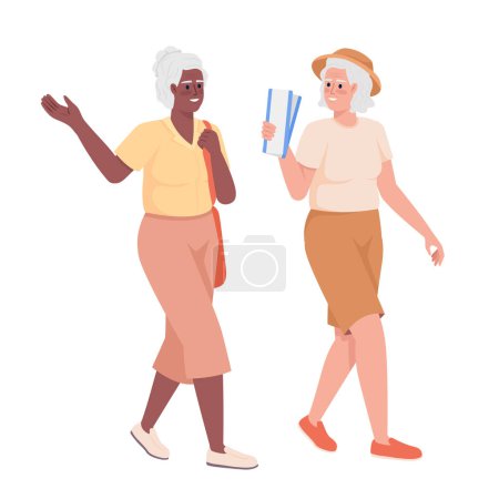 Téléchargez les illustrations : Older female friends going to event with tickets semi flat color vector characters. Editable figures. Full body people on white. Simple cartoon style illustration for web graphic design and animation - en licence libre de droit