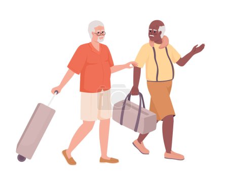 Ilustración de Senior male friends going on vacation semi flat color vector characters. Editable figures. Full body people on white. Simple cartoon style illustration for web graphic design and animation - Imagen libre de derechos