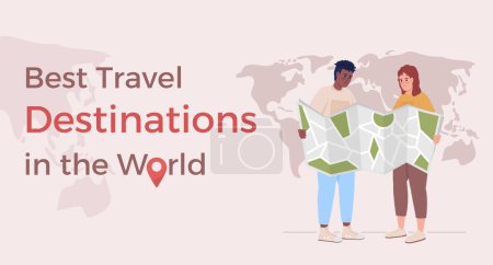 Illustration for Best travel destinations in world flat vector banner template. Couple activity. Planning vacation poster, leaflet printable color designs. Editable flyer page with text space. Alexandria font used - Royalty Free Image