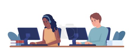 Illustration for Young employees working on computers side by side semi flat color vector characters. Editable figures. Full body people on white. Simple cartoon style illustration for web graphic design and animation - Royalty Free Image
